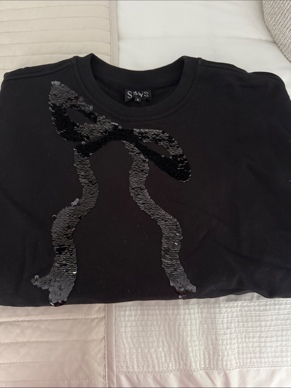SAYS Black Sequin Bow Crewneck Sweater